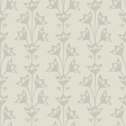 Abstract bluebell flower vector seamless pattern background. Stylized vintage Campanula flowers on neutral ecru beige backdrop.Formal trailing floral retro repeat.Hand darwn botanical design