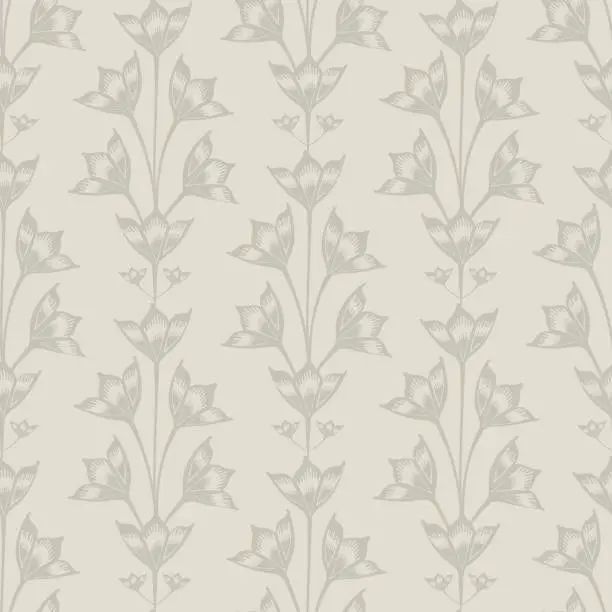 Vector illustration of Abstract bluebell flower vector seamless pattern background. Stylized vintage Campanula flowers on neutral ecru beige backdrop.Formal trailing floral retro repeat.Hand darwn botanical design