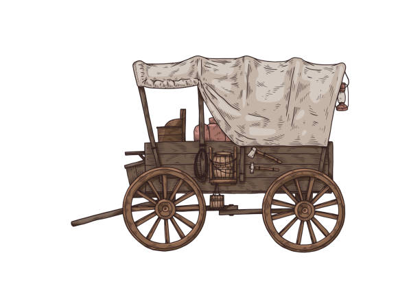 ilustrações, clipart, desenhos animados e ícones de vagão coberto com eixos desenhados por cavalos, ilustração de vetor de esboço isolado. - chariot