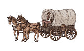 Old horse carriage or wagon with coachman, sketch vector illustration isolated.