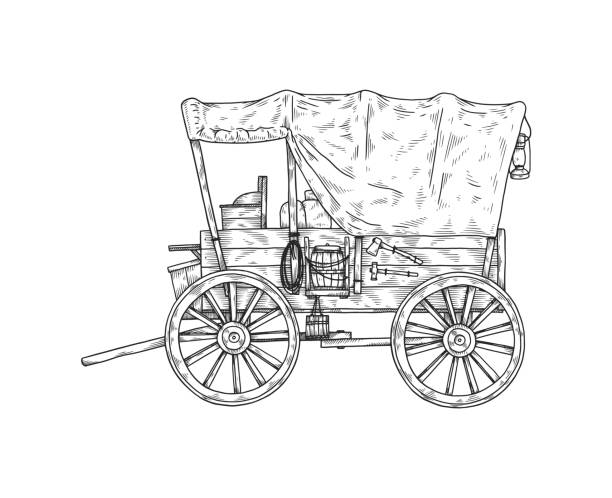 monochromer alter holzwagen im skizzenstil, vektorillustration isoliert auf weißem hintergrund. - pferdekarre stock-grafiken, -clipart, -cartoons und -symbole