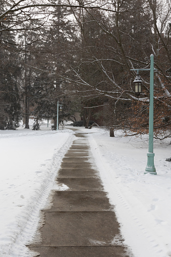 East Lansing, MI - February 13 2022: Walkway with fresh snow on the campus of Michigan State University