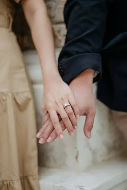 Photo of Asian couple hands with wedding rings