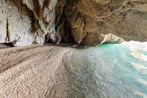Inside sea cave in Zakynthos, Greece. Ionian sea. Xigia beach area