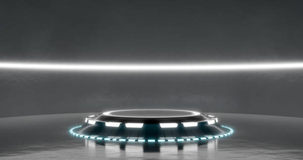 istock 3d rendering. A large white room is a studio with a futuristic sci-fi platform in the center, illuminated by neon lamps from above and below. Background for your mockup. 1372171534