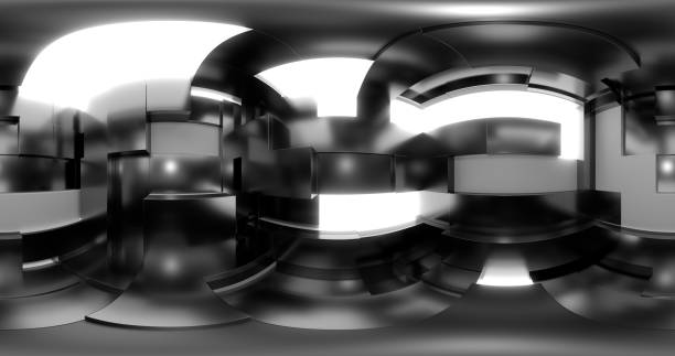 3d rendering. HDRI environment map. 360 degree spherical seamless vr panorama. Abstract empty t interior with abstract rectangular decorative elements with neon lighting.