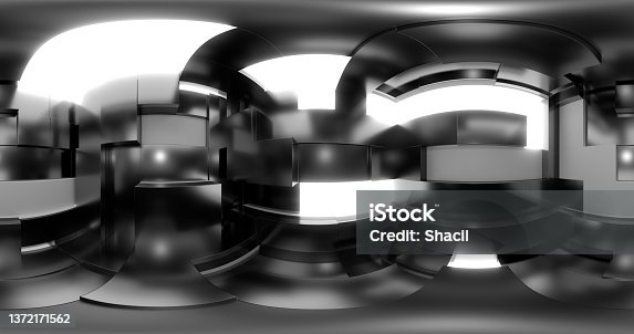 istock 3d rendering. HDRI environment map. 360 degree spherical seamless vr panorama. Abstract empty t interior with abstract rectangular decorative elements with neon lighting. 1372171562