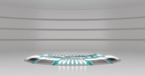 istock 3d rendering. A large white room is a studio with a futuristic sci-fi platform in the center, illuminated by neon lamps from above and below. Background for your mockup. 1372172601