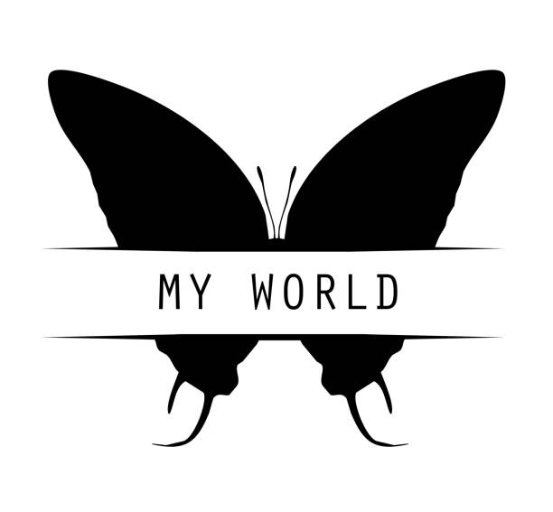 Butterfly with title "my world", isolated on white Butterfly with title "my world", isolated on white world title stock illustrations