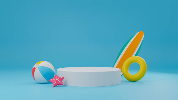 3d rendering summer product display stage for presentation - swimming pool party summer beach ball imagens e fotografias de stock