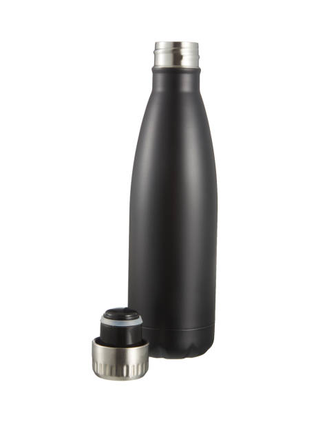 istock Stainless steel drink bottle isolated. Black thermos on white background. 1372178101
