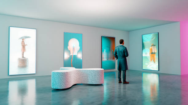 istock Digital NFT crypto artwork displayed in an art museum  on screens 1372178888