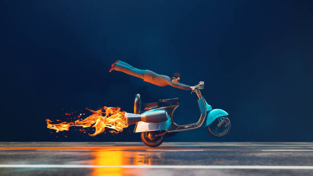 Concept image of entrepreneur with succes. He rides a scooter with rocket boosters, which gives him a great start. He almost flys through the air.