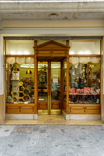 Badalona, Spain - February 22, 2022. Shop window of an old pastry shop in Badalona, Barcelona, Spain.