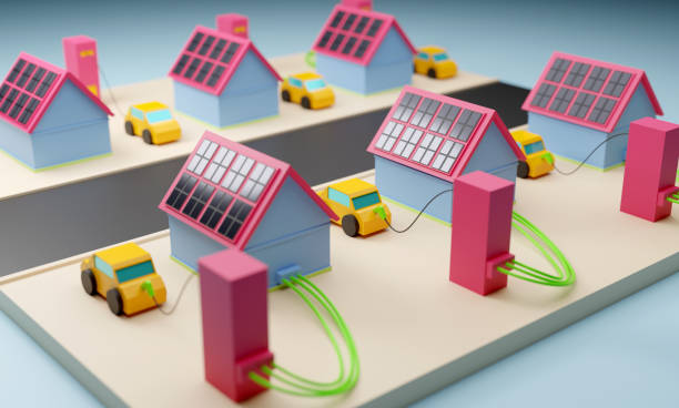Photovoltaic charging smart stations with electric cars in a complex of family houses 3D render. Sustainable renewable energy sources concept. Photovoltaic charging stations with electric cars in a complex of family houses 3D render battery storage stock pictures, royalty-free photos & images