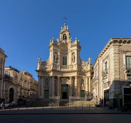 Basilica della Collegiata di Maria Santissima dell'Elemosina, a convent church with typical baroque style facade and bell tower, in Catania city center, Sicily, Italy