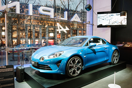 Paris, France - 13 February 2022: A Renault Alpine A110 2022 in a showcase in Paris, France