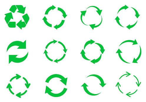 Recycled eco vector icon set. Recycle arrows ecology symbol. Recycled cycle arrow. Vector illustration isolated on white background.