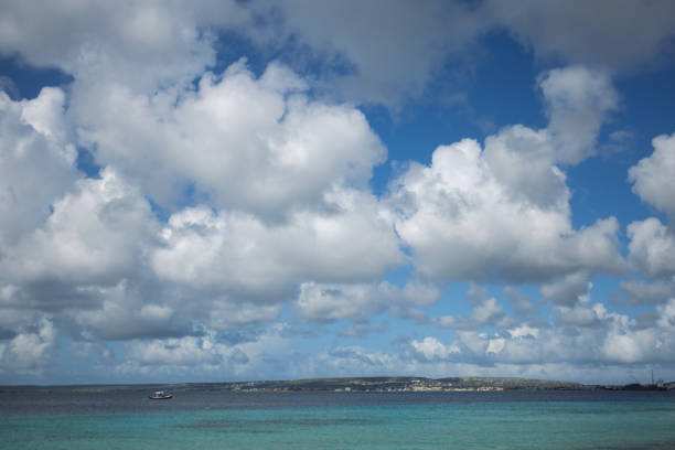 Turquoise sea, blue sky with big clouds. Seascape