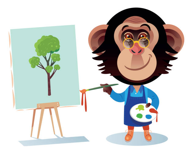 ilustraciones, imágenes clip art, dibujos animados e iconos de stock de pintor chimpancé - cartoon monkey animal tree