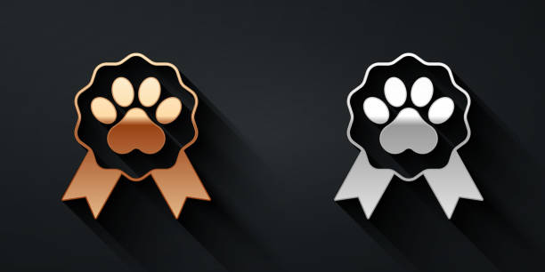 goldenes und silbernes pet-award-symbolsymbol auf schwarzem hintergrund isoliert. abzeichen mit hunde- oder katzenpfotenabdruck und bändern. medaille für tier. langer schattenstil. vektor - isolated dog animal puppy stock-grafiken, -clipart, -cartoons und -symbole