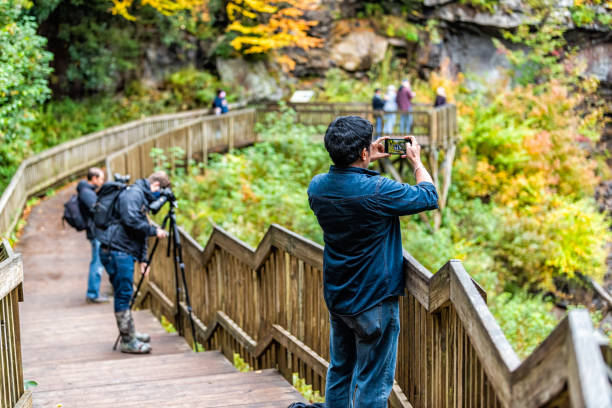 personas que toman fotos con teléfono en la cascada blackwater falls en state park, virginia occidental en la temporada de otoño por overlook - monongahela national forest landscapes nature waterfall fotografías e imágenes de stock