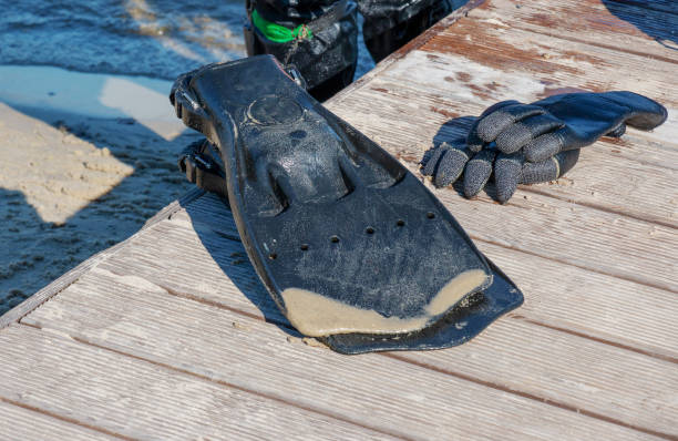 A professional diver near the coastline of the river. Diver's fins and gloves. Commercial diving. stock photo