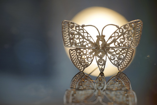 Close up of a silver brooch in shape of butterfly, on glossy background.