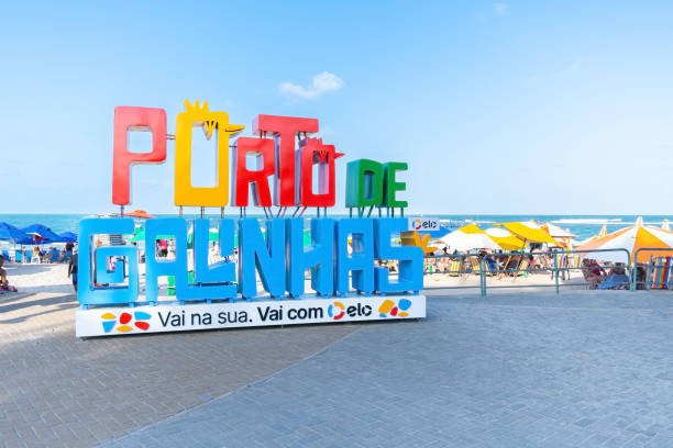 Colored tourist sign with the name of Porto de Galinhas at downtown region stock photo