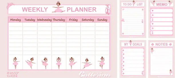Vector illustration of Collection of weekly planner, to do list, list My goals, Memo, Notes with ballerinas