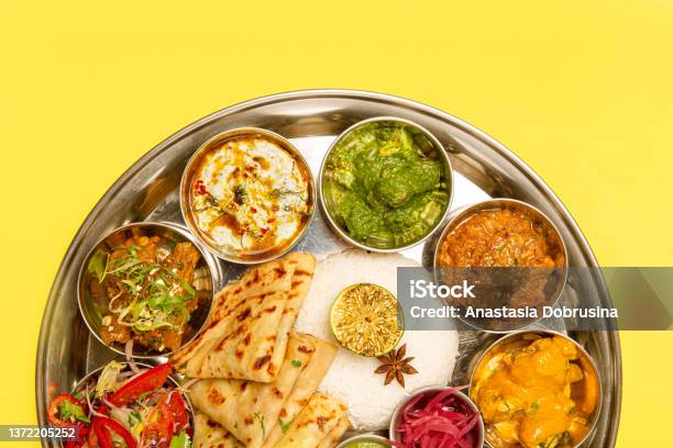Traditional Indian Food Thali Served In Plate Top View Stock Photo - Download Image Now
