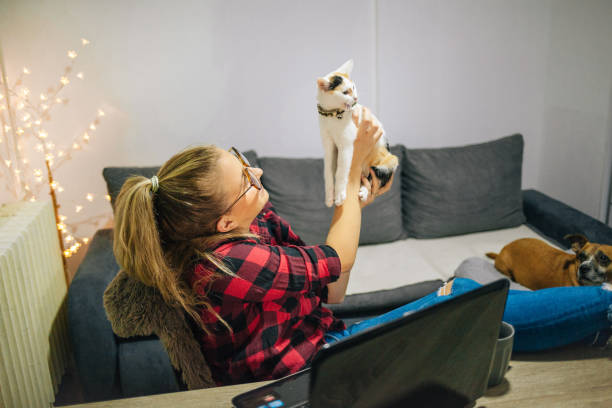 istock Young woman with cat and dog using laptop 1372206226