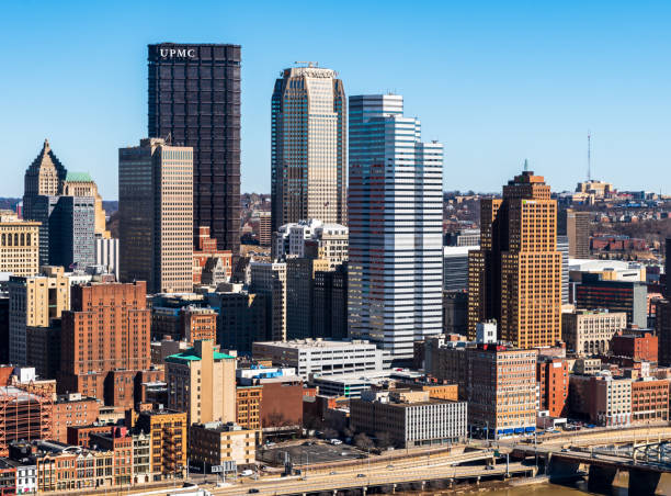 Pittsburgh, Pennsylvania, USA February 20, 2022 Part of downtown Pittsburgh as seen from Mt Washington on a sunny winter day