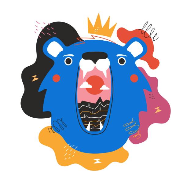 istock Vector illustration with blue bear head, yellow crown, abstract mountains nature landscape inside his mouth and colored spots and doodle elements. 1372214509