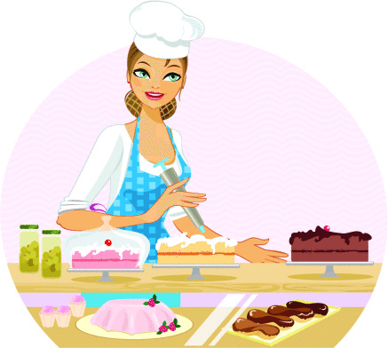 A pretty young woman in her bakery, icing a cake. Pastries, cakes and goodies laid out at the counter. Delicious!