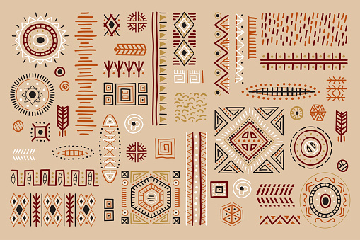 Colorful African art decoration tribal geometric shapes set. Isolated colored flat vector boho symbols illustrations. Ancient indian shapes and animal print doodles.