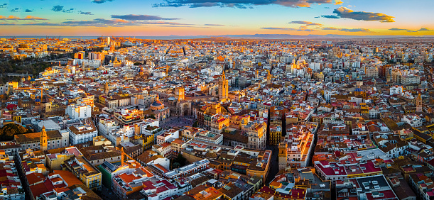 The aerial view of the old center of Valencia, a port city on Spain