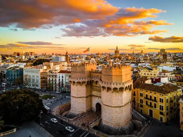 The aerial view of the old center of Valencia, a port city on Spain"u2019s southeastern coast