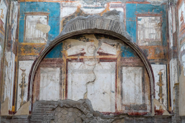 seat of the augustals in the ancient city in the archaeological park of Herculaneum, Naples, Italy. stock photo