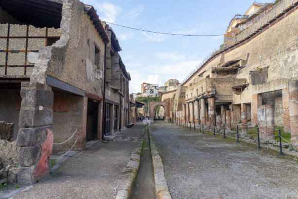 well-preserved streets of the ancient city in the archaeological park of Herculaneum, Naples, Italy. stock photo