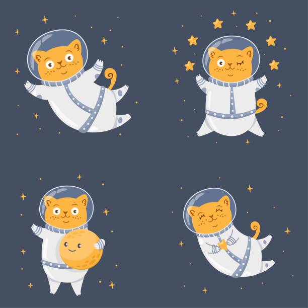 Vector set for print for children's clothing Vector set for print for children's clothing. Cute astronaut cats, moon, stars. Cat in a suit. domestic cat greece stock illustrations