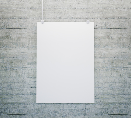 Poster hanging on a concrete wall. Blank mockup for your design. 3d render