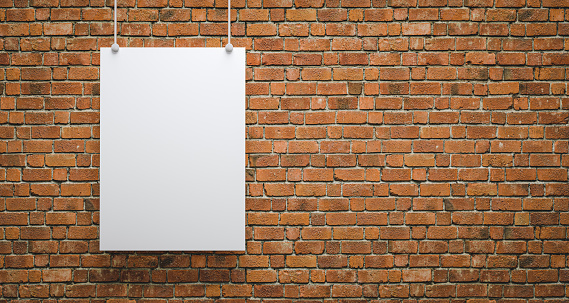 3D illustration. Blank white poster mock-up hanging on the brick wall with copy space. Promotion and advertising concept.