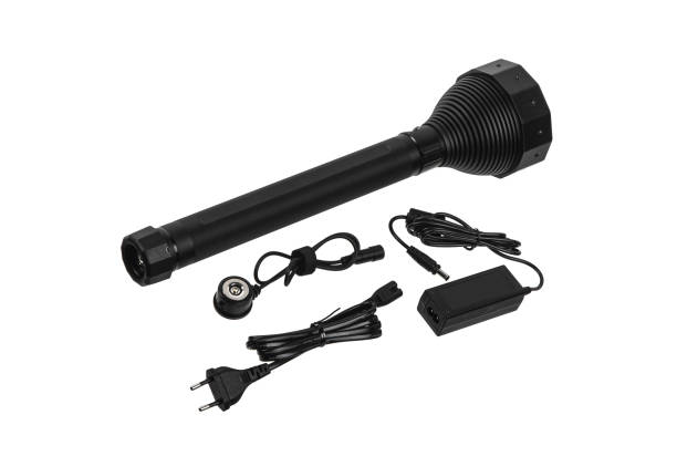modern metal led flashlight in black color. portable flashlight isolate on a white background. - military airplane flash imagens e fotografias de stock