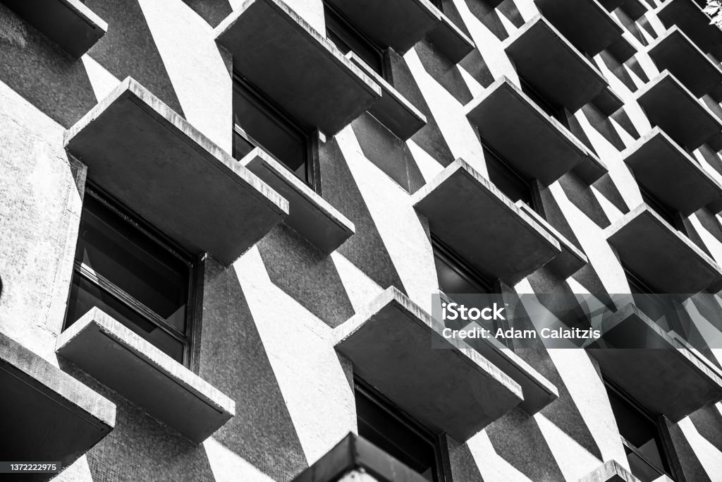 An abstract pattern of Brutalist architecture An abstract pattern of Brutalist architecture in black and white Brutalism Stock Photo