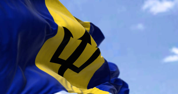Detail of the national flag of Barbados waving in the wind on a clear day. stock photo