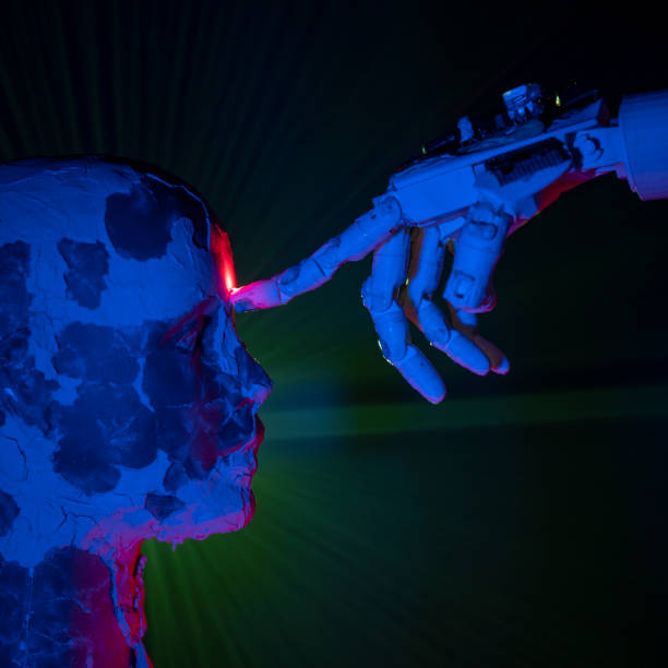istock Humanoid robot hand touching cyborg shaped bust with forefinger 1372223903