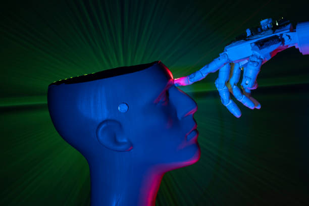 istock Humanoid robot hand touching cyborg shaped bust with forefinger 1372223924