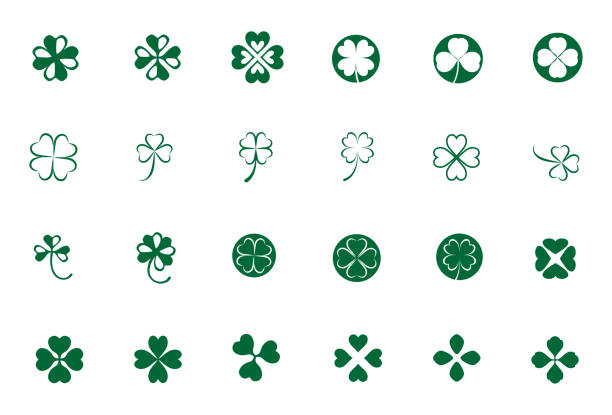 ilustrações, clipart, desenhos animados e ícones de conjunto de ícones do vetor do trevo verde escuro (1 de 4) - clover leaf green spirituality