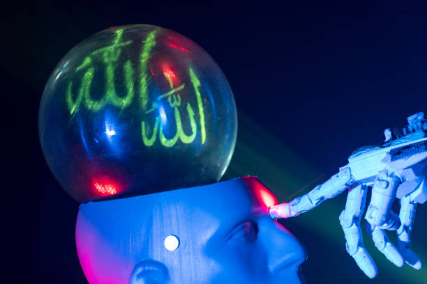 istock Humanoid robot hand touching cyborg shaped bust with arabic text GOD is written on brain, for machine learning 1372224447